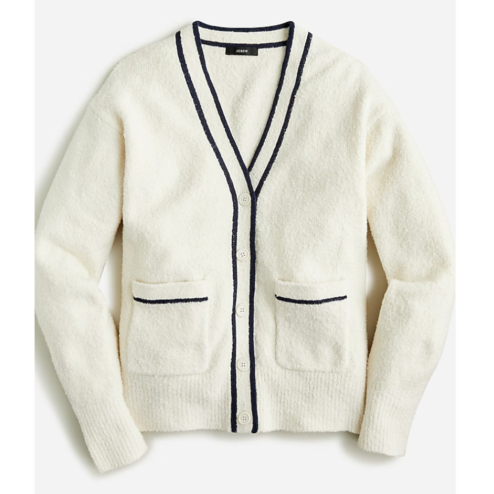 J Crew Sweater Large XL Cream Long Front Pocket Cardigan Academia Preppy BA055